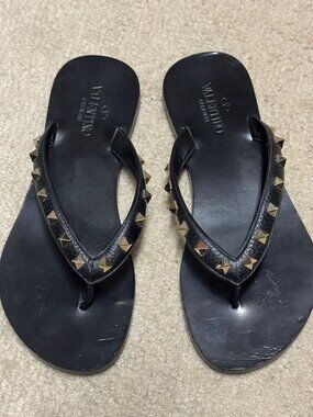 Valentino Rockstud black Stud Leather Thong -Sandal - Flat, Flip Flop 38